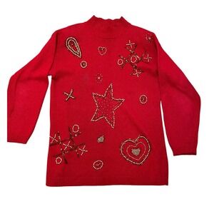 Vintage Sweater‎ Med Red Mock Neck Beaded Star Heart XOXO EUC